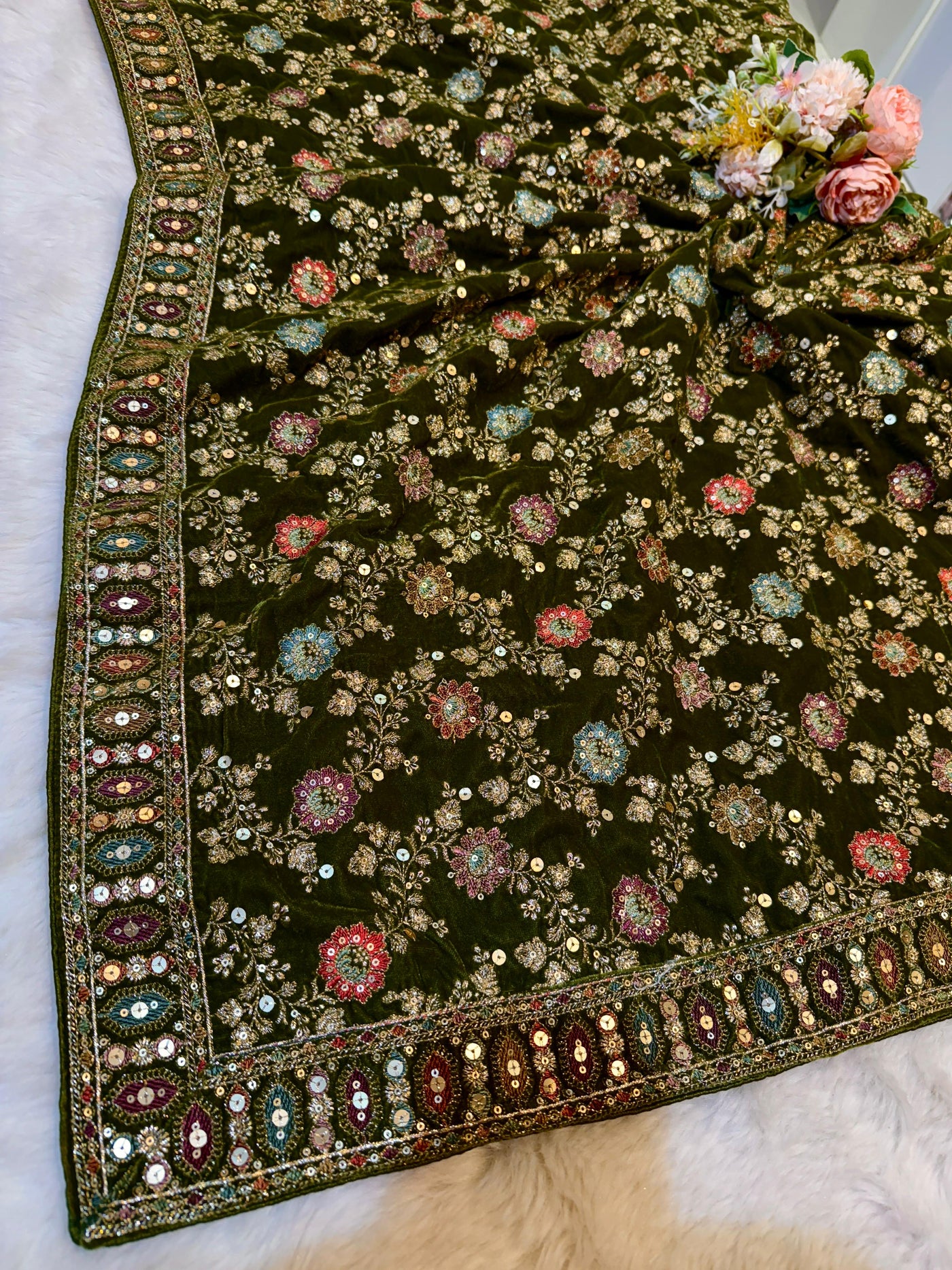 Olive Green Velvet Limited Edition Dupatta With Embroidery 2.40 meter length
