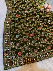 Olive Green Velvet Limited Edition Dupatta With Embroidery 2.40 meter length