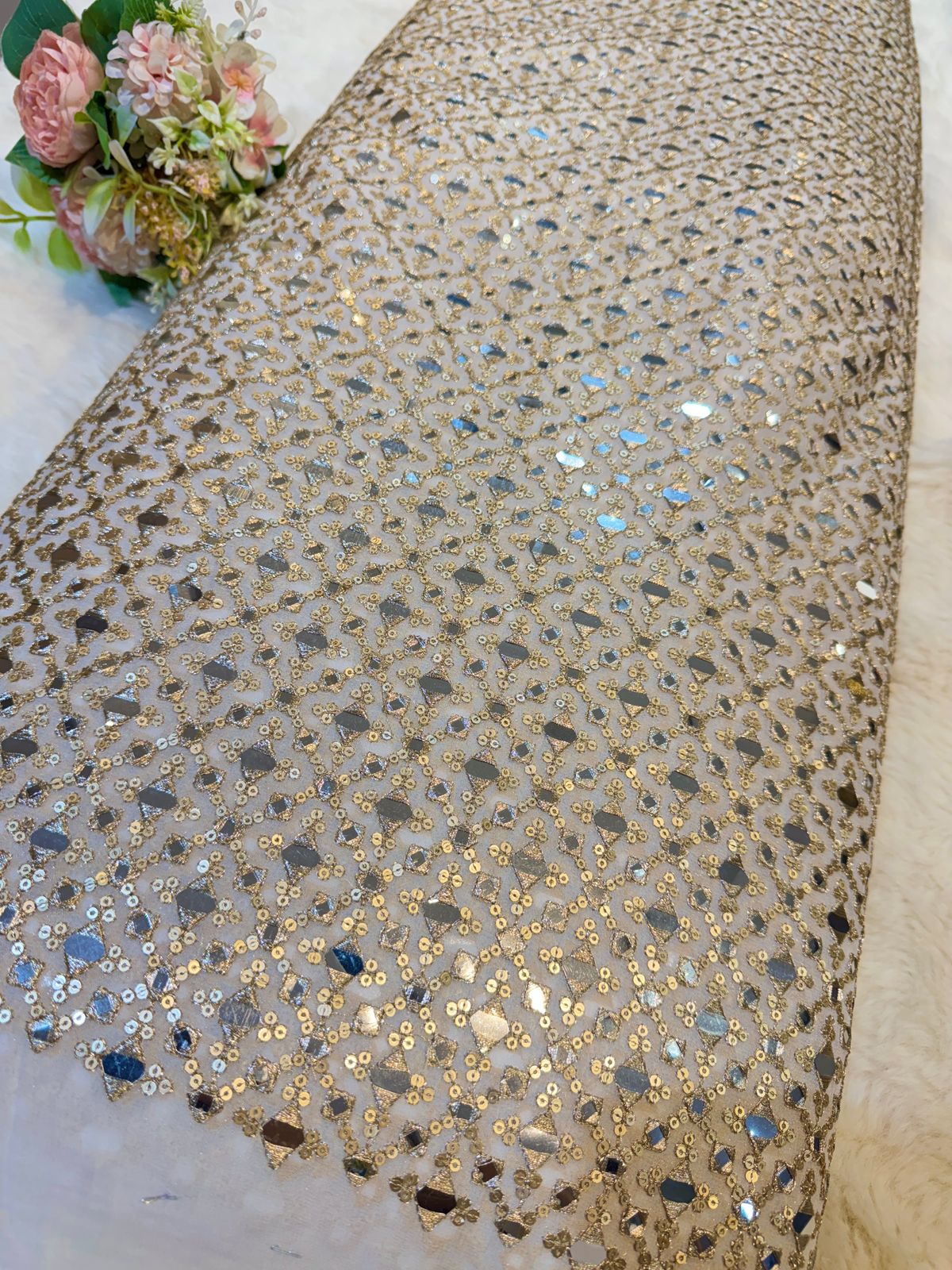 Sial Pure Viscose Georgette Mirror And Sequins  Embroidery  Dyeable 44 Inch Width