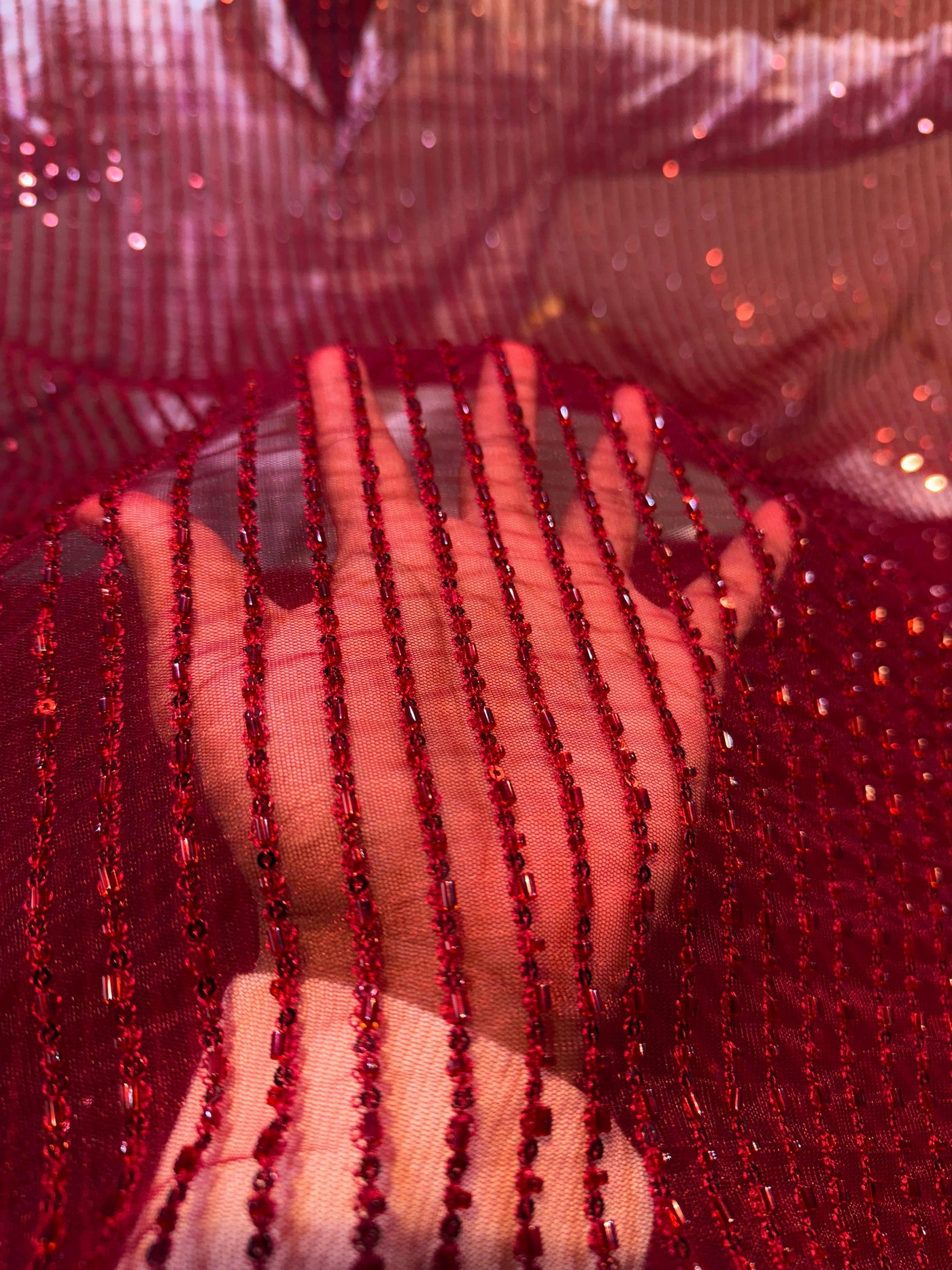 Maroon Stripe Handwork Net 44 inch width