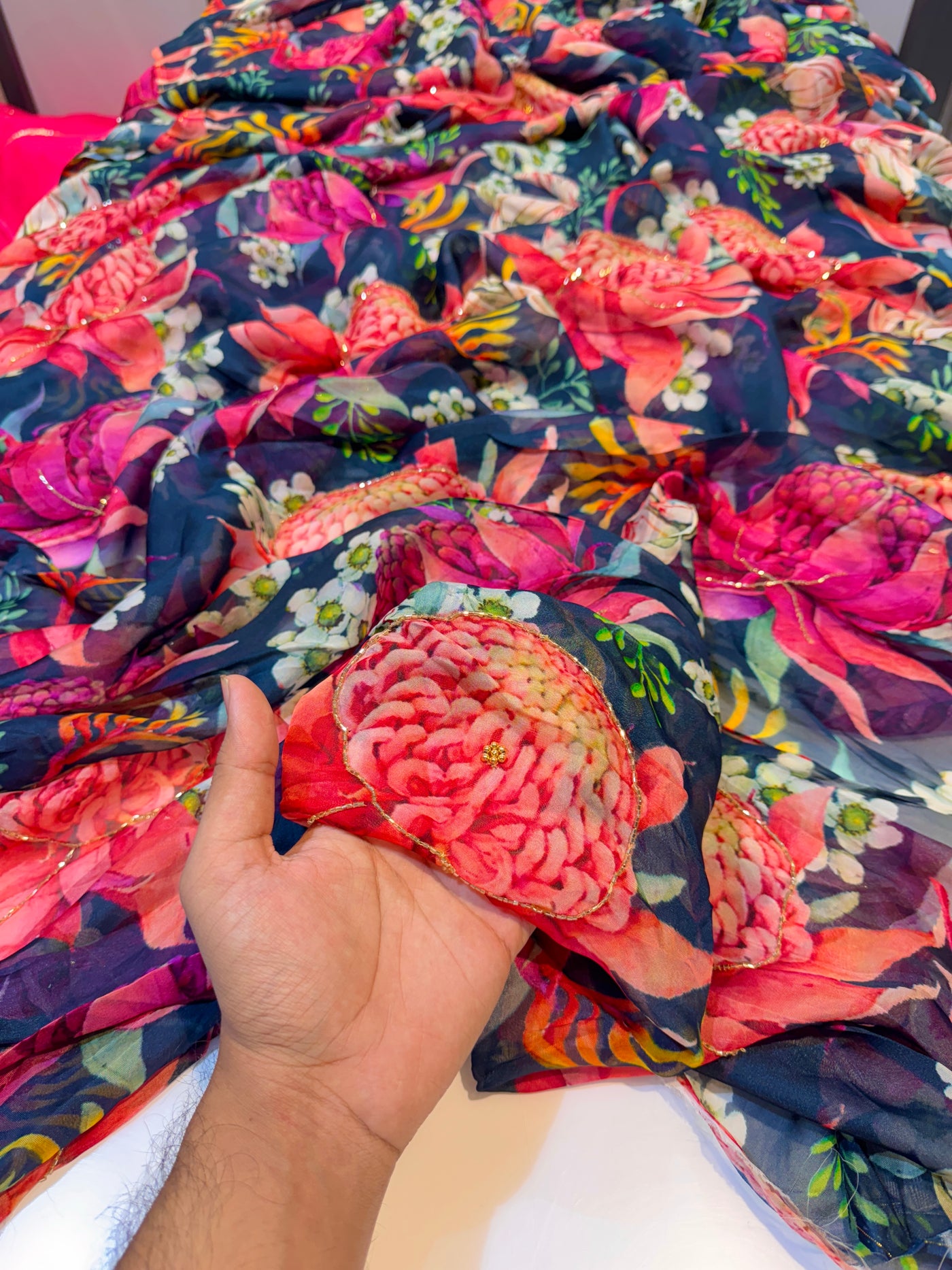 Navy Blue Mezzo Supersoft Tabby Silk Handwork Floral 44 inch width