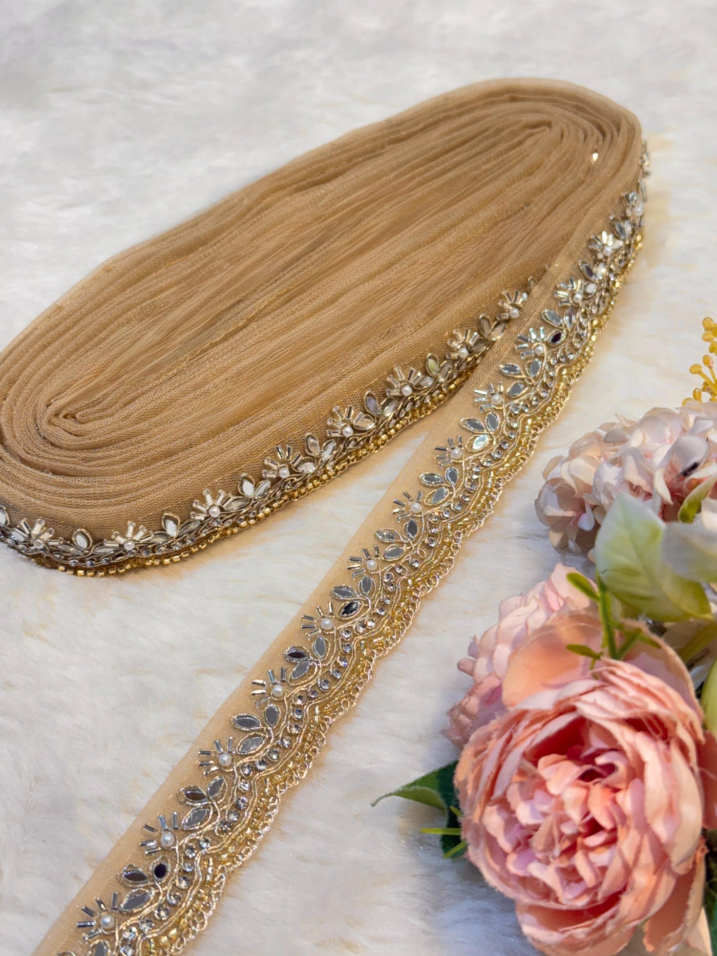 (Wholesale pack of 9 meter ) Lace Border With Cutdana Pearl Stone and Mirror work