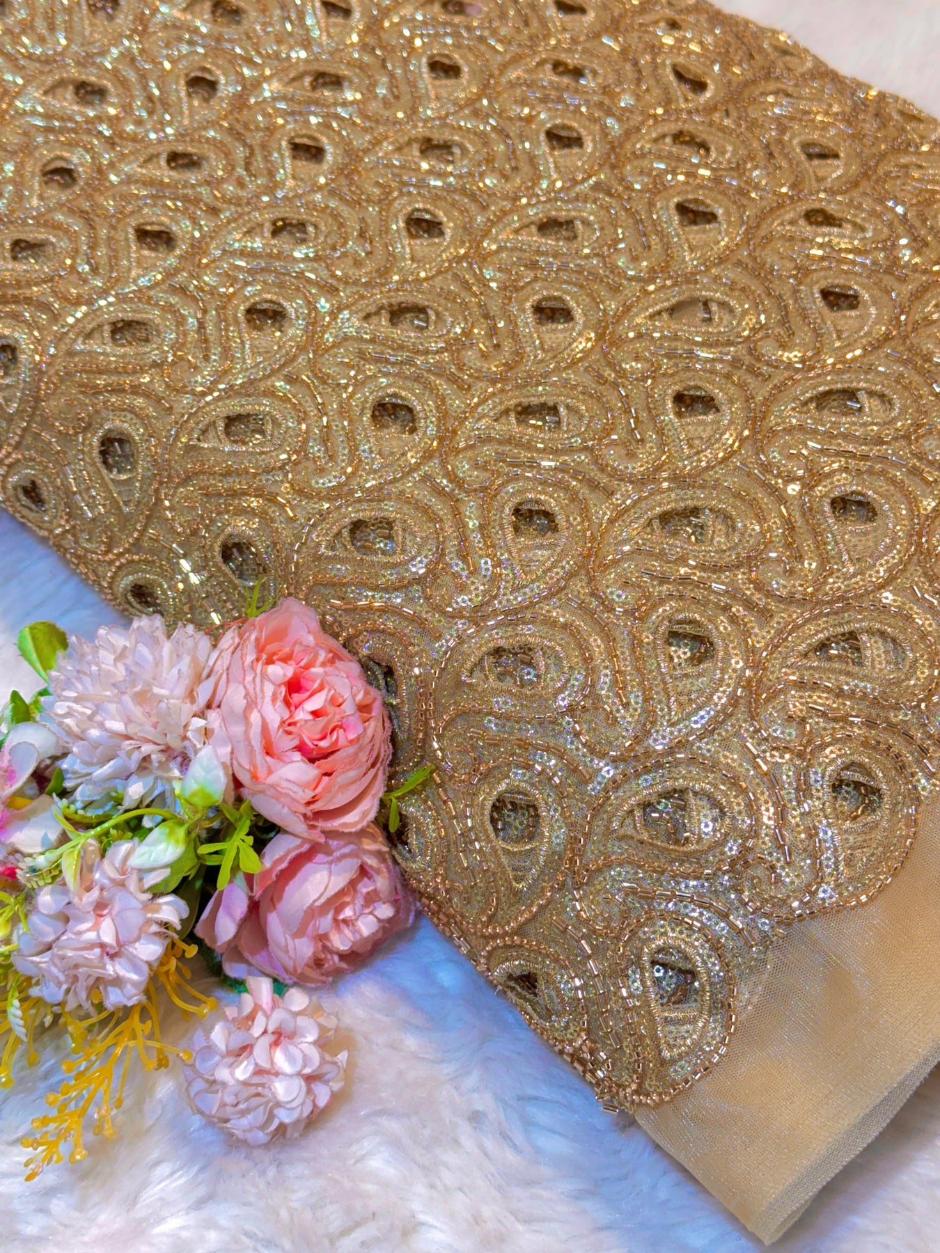 Cutwork Handwork Gold Net Handwork with Cutwork Embroidery 44 inch width – Fabric Forever