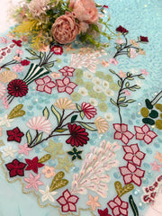 (Precut of 0.40 Meter)  Firozi Georgette Thread And Sequins Embroidery 44 Inch width