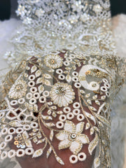 (Precut of 0.30 Meter )Chikankari Net Embroidery With Threadwork and cutwork 44 inch width