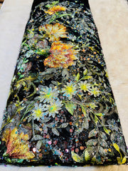 (Precut of 2 Meter) Ziya Handwork Net Embroidery With Floral Applique Work 54 Inch width Black Base