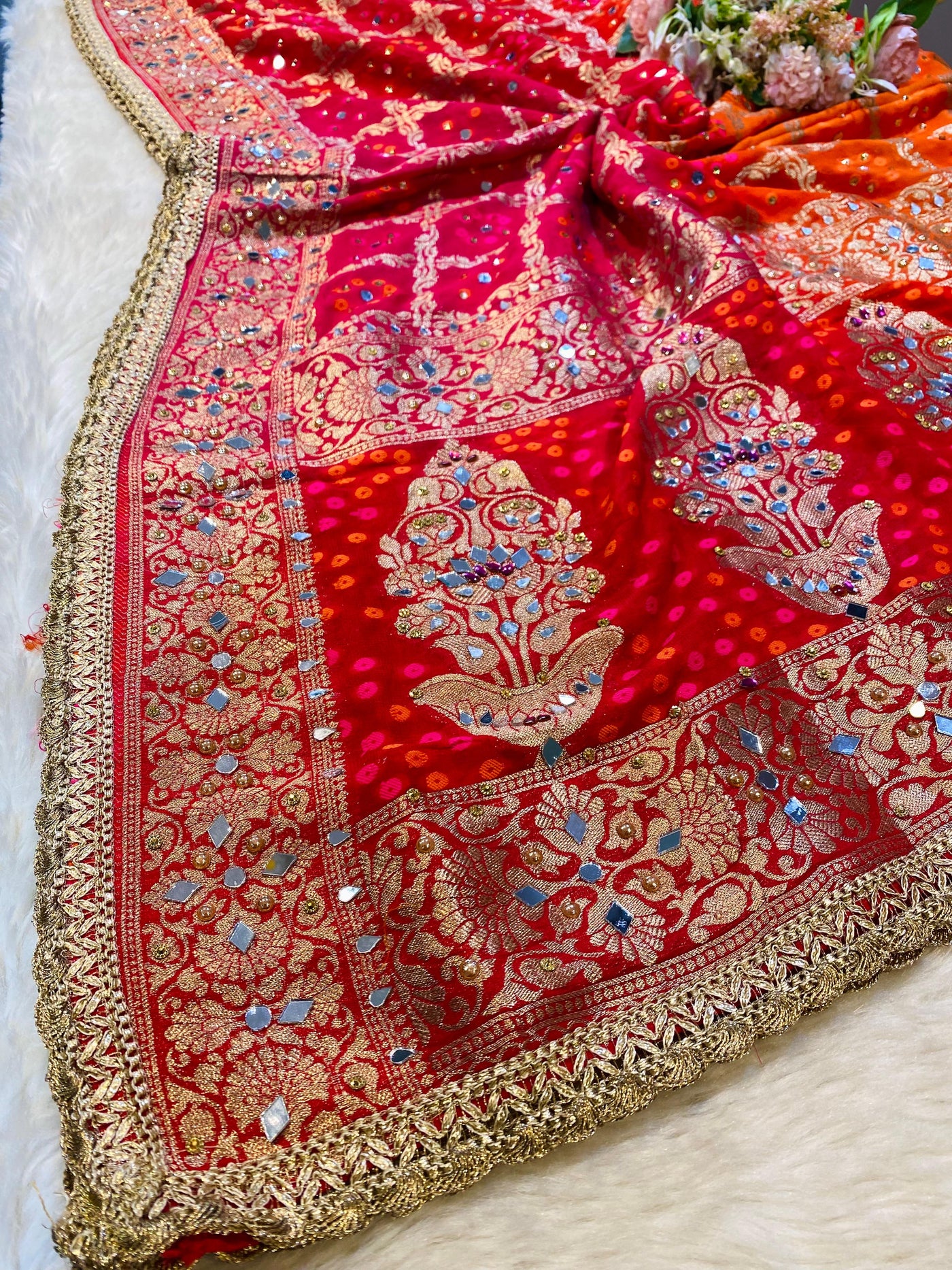 Sheeshmahal Pure Georgette  Original Mirror Work Shaded Dupatta 2.30 meter length 35 inch width with bandhej weave