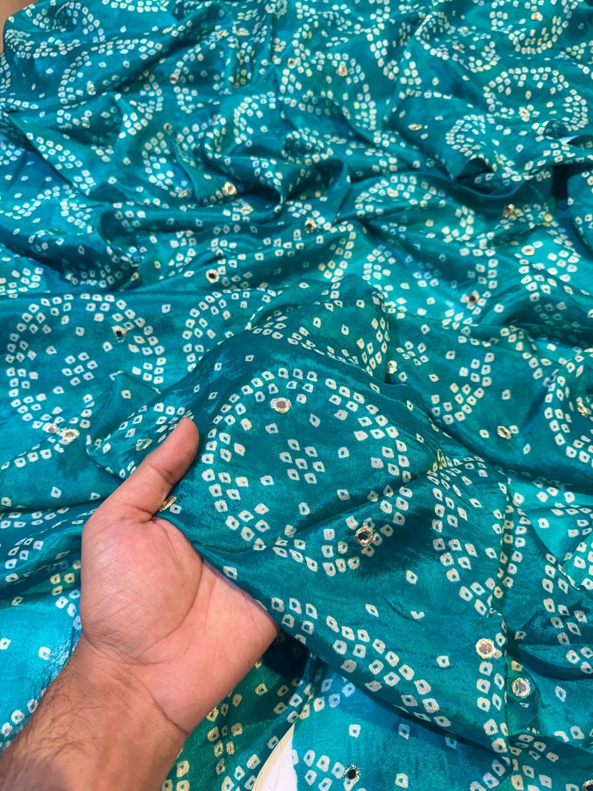 Pure Chinon with Embroidery with Bandhej print 44 Inch width