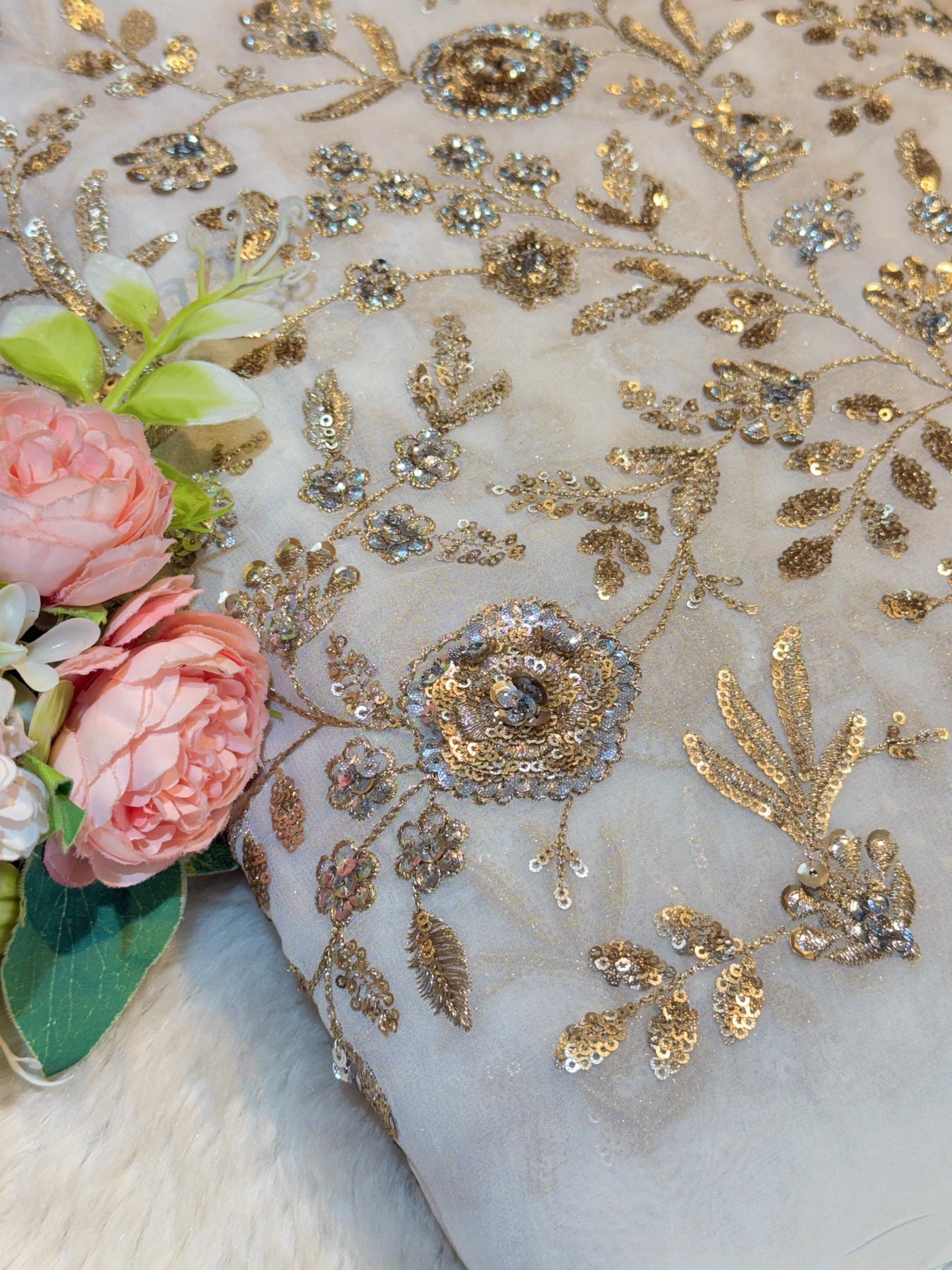 (Precut of 0.75 Meter) Pure Georgette Dyeable Embroidery with Sequins work 44 inch width (A1)