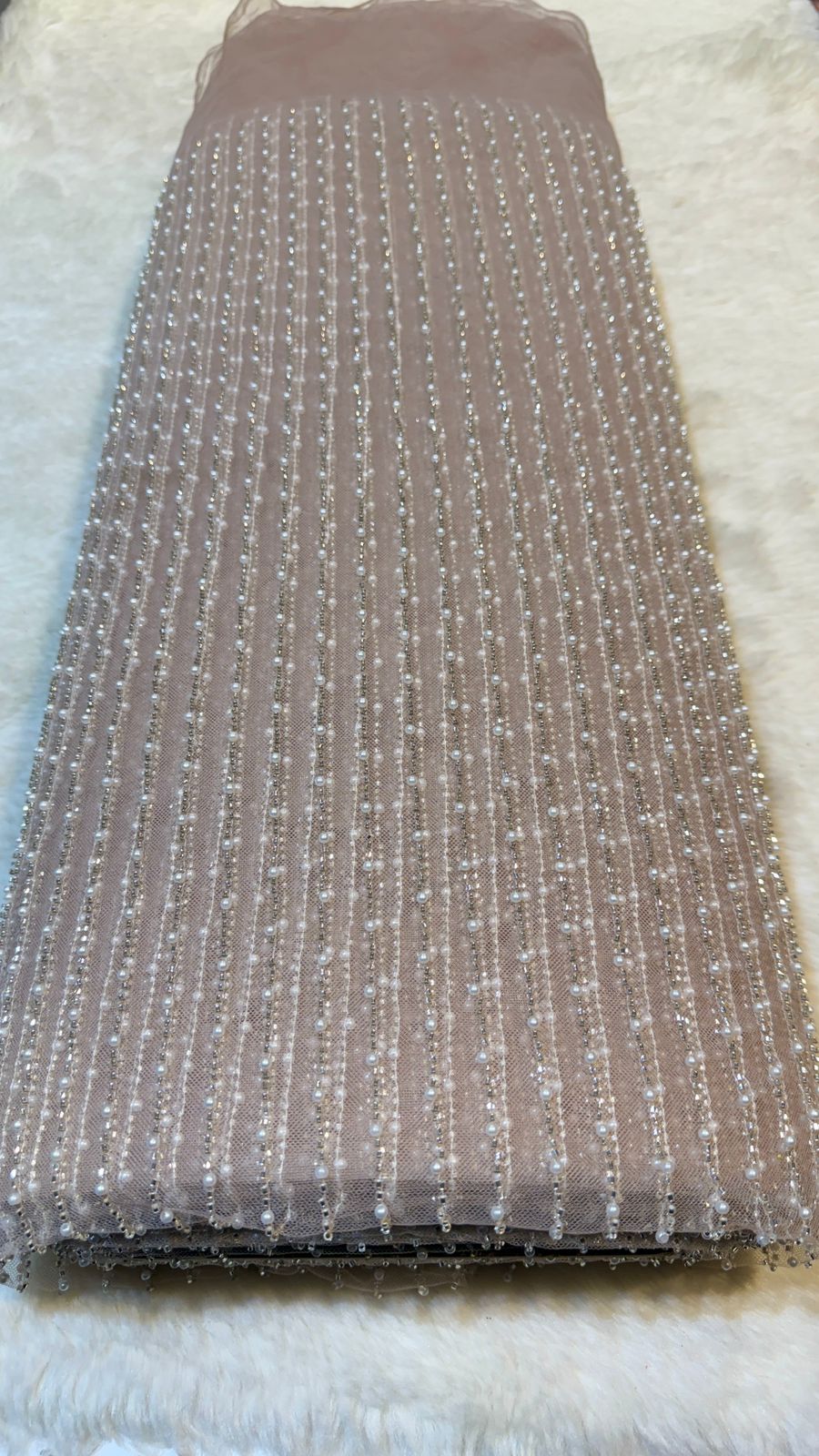 (Precut of 0.55 Meter) Net Stripe Handwork Nets with Cutdana and Pearl work 54 inch width