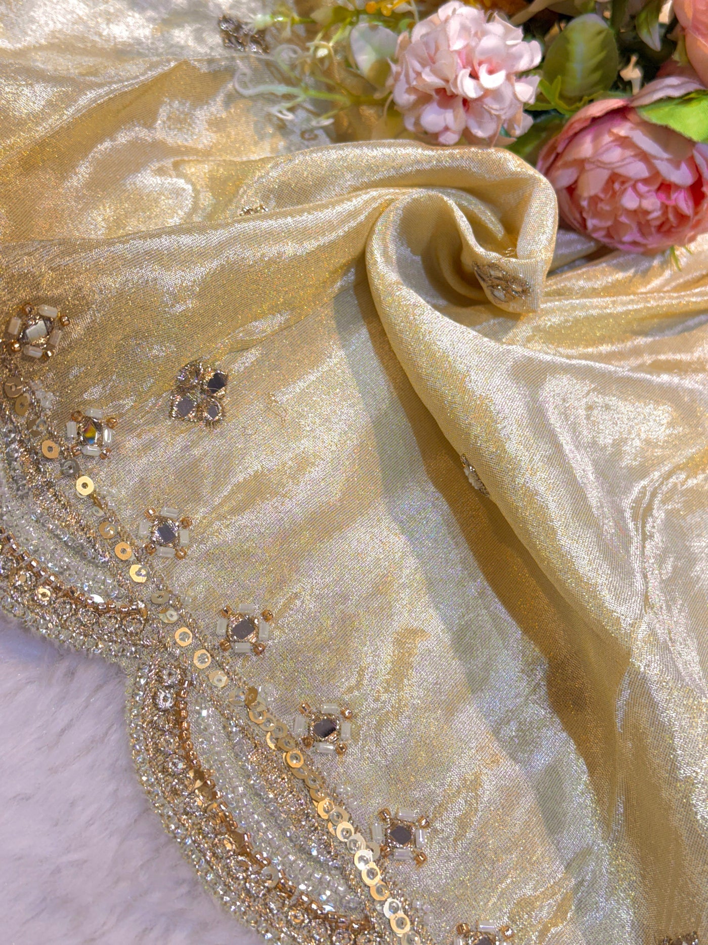 Mehz Zari Tissue Handwork Dyeable Dupatta with Four Side Mirror Cutdana Work Borders (2.40 meter length )