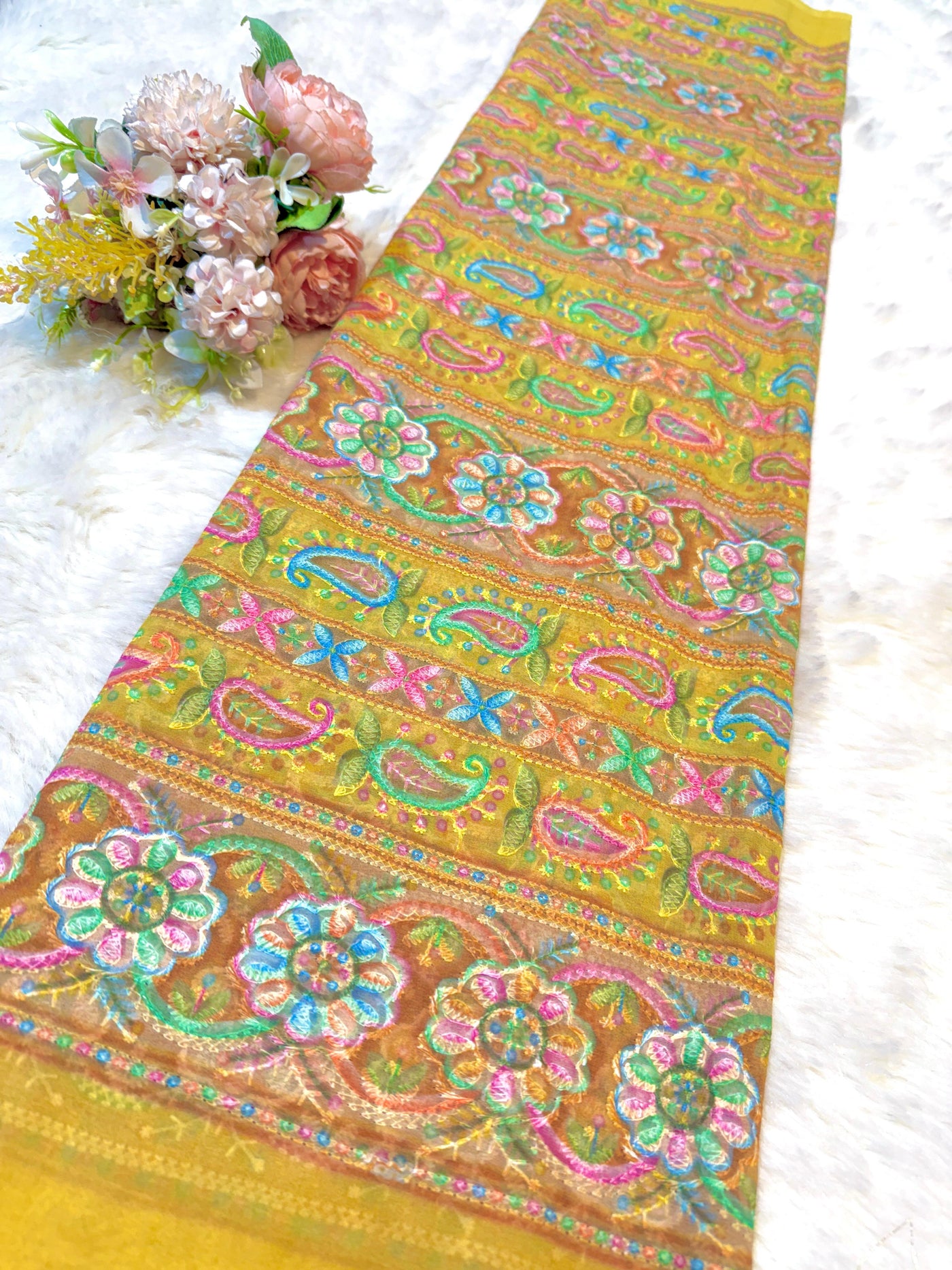 Yellow Georgette Chikankari Stripe Floral Threadwork Embroidery 44 inch width