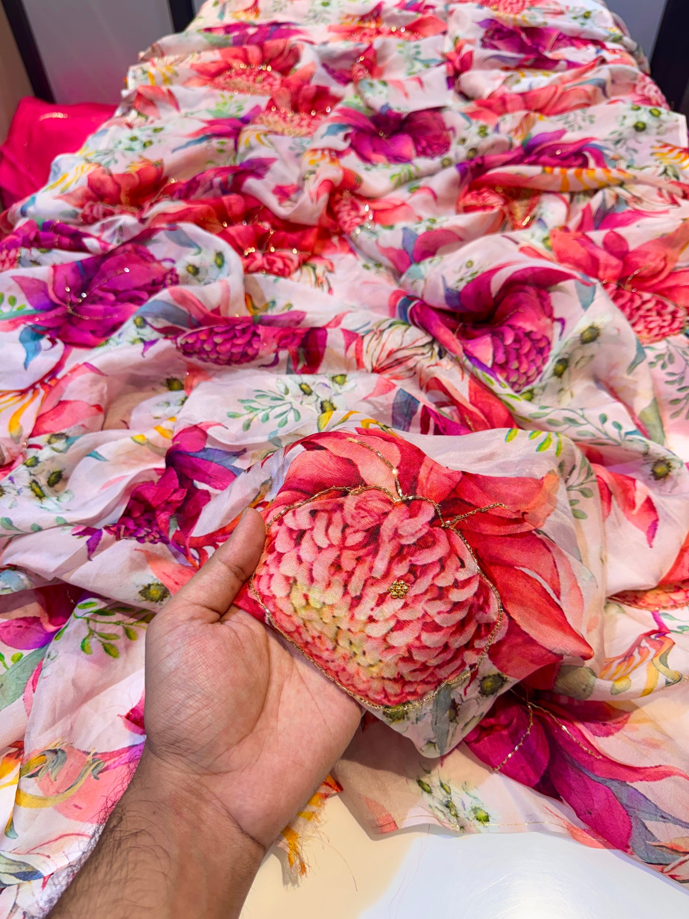 Pink Mezzo Supersoft Tabby Silk Handwork Floral 44 inch width