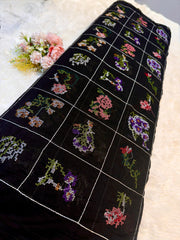 (Precut of 0.6 Meter) Black Pure Mul Chanderi Embroidery Tatami Stich Work 44 inch width