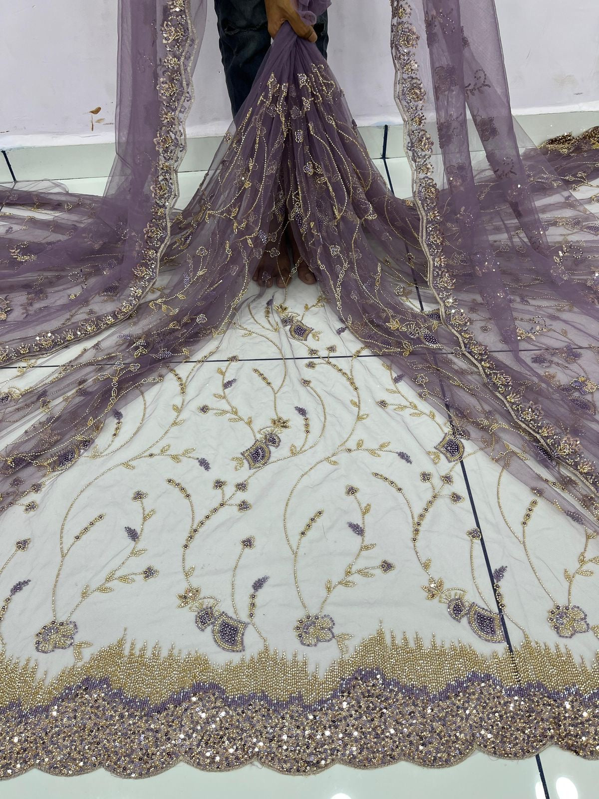 (Mix and Match ) Purple Handwork Net Embroidery 54 inch width / Net Ha ...