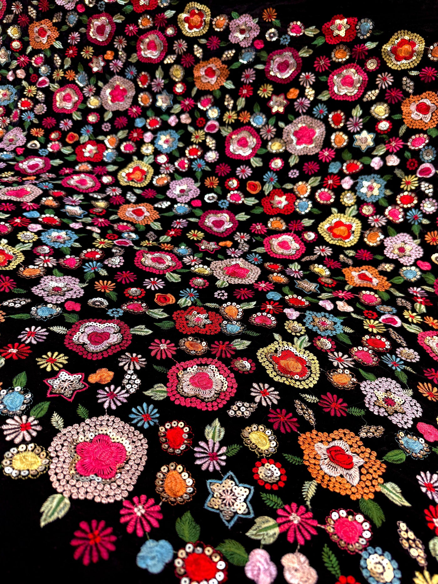 Pure Velvet Floral Thread And Sequins Embroidery  44 Inch Width