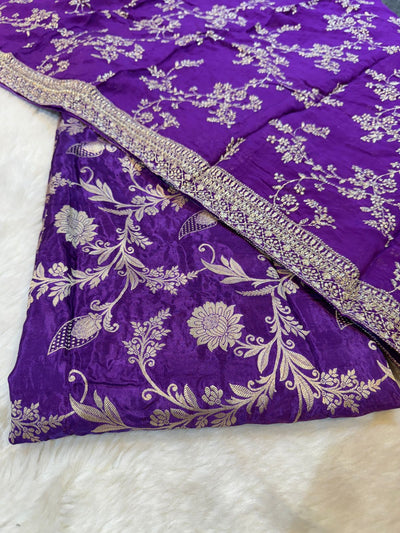 Pure Crape Brocade with Pure  Viscose Organza Purple Suit Set