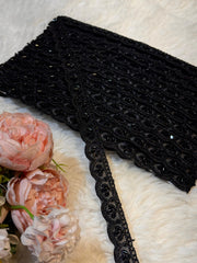 (Wholesale pack of 9 meter ) Black Lace Border With Cutdana  and Sequins Work
