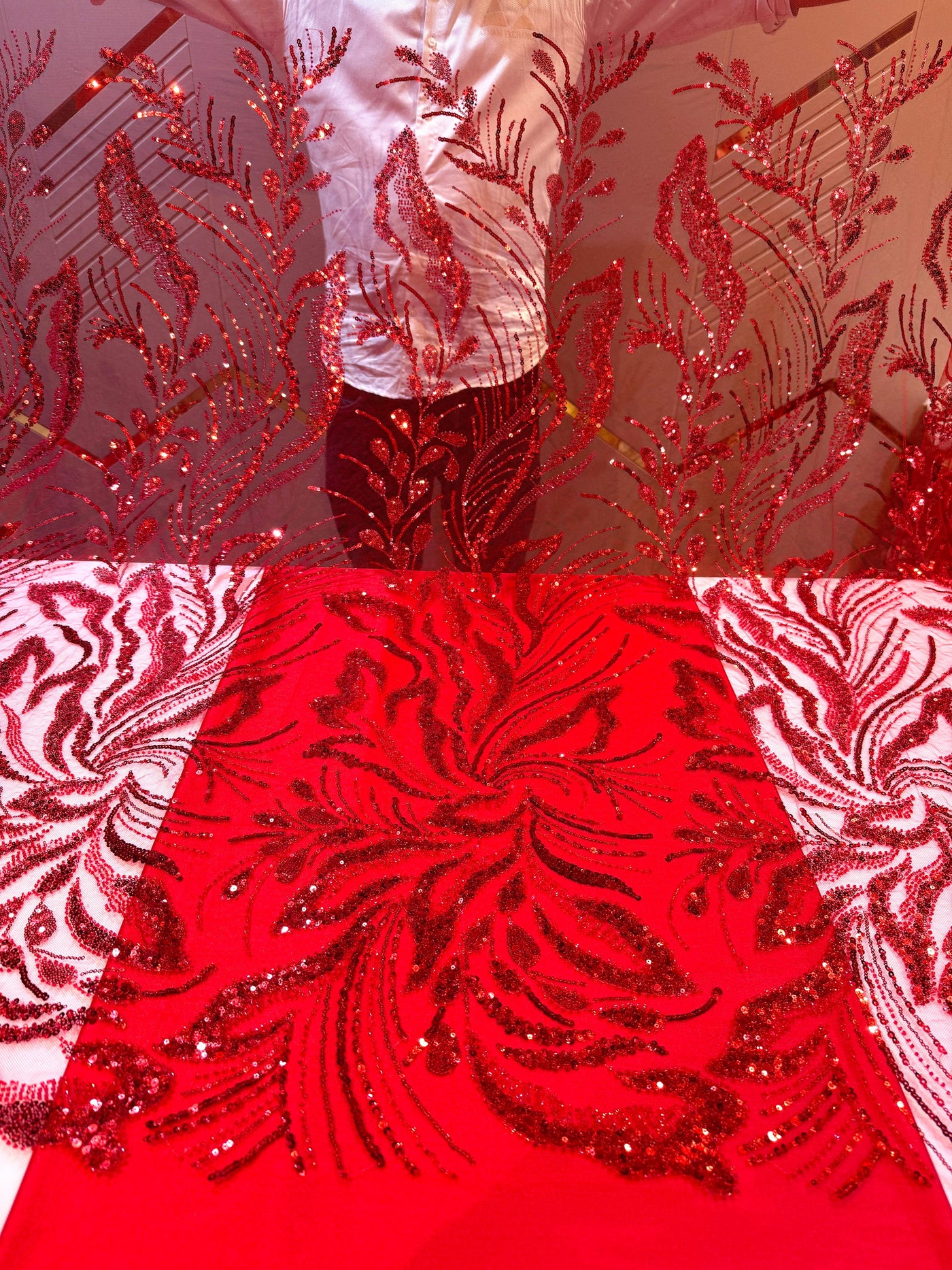Red Handwork Net Embroidery 50 inch width