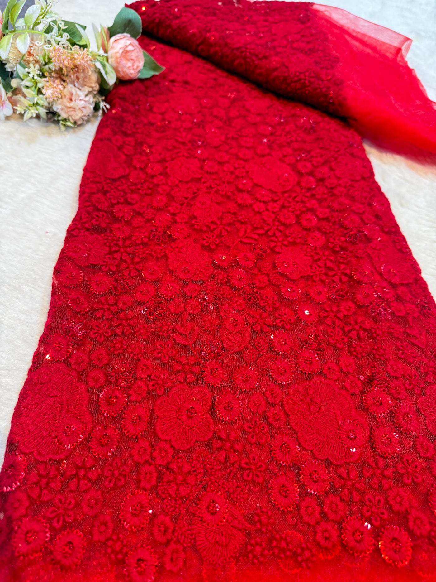 Maisha Red Net Embroidery For making Gowns