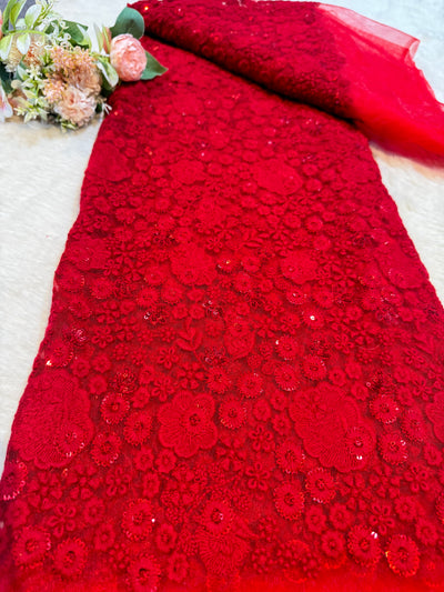 Maisha Red Net Embroidery For making Gowns