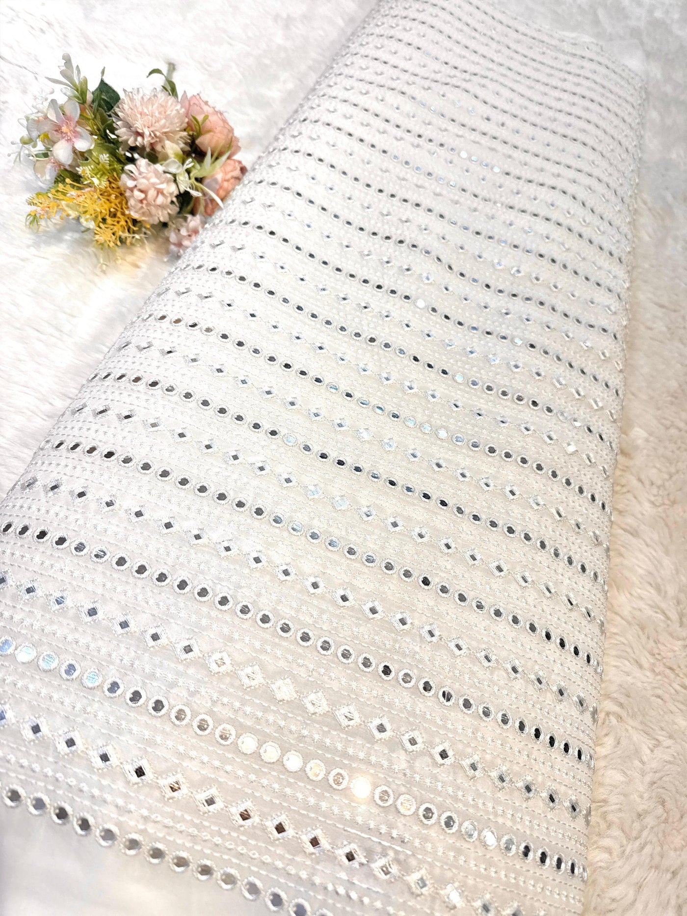 Dyeable Pure Viscose Georgette Mirror Stripe Embroidery 44 inch Width