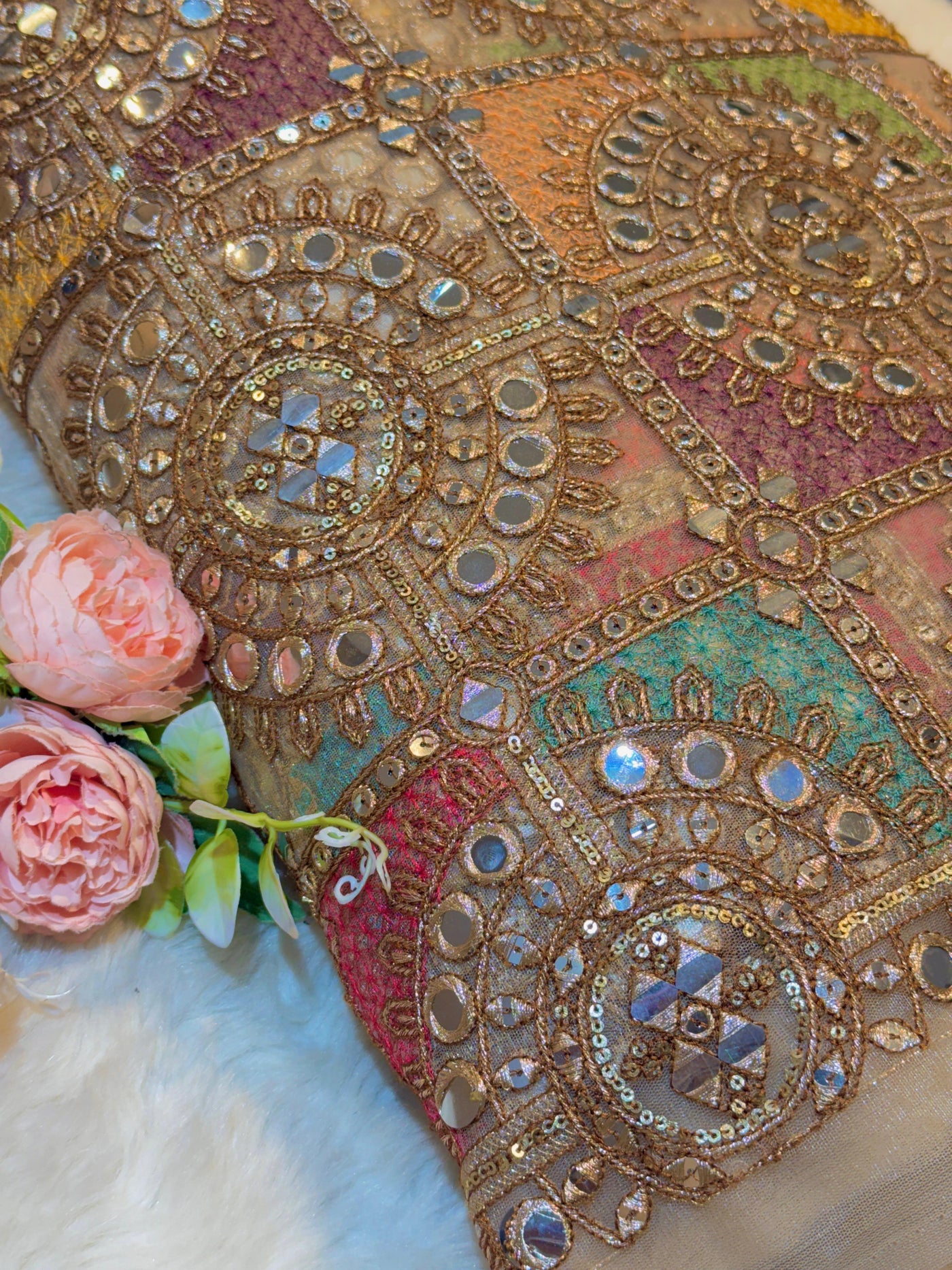 (Preorder of Dispatch after 45 Days) Gulkand Net Threadwork Embridery 44 inch width Beige color base