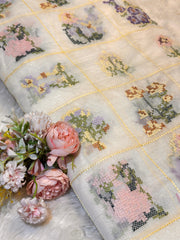 (Precut of 0.5 Meter) Pure Mul Chanderi Embroidery Tatami Stich Work 44 Inch width