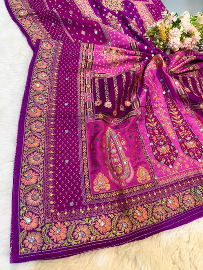 Sajda Purple Pure Silk Dupatta With Real Mirror Handwork 2.50 Meter length