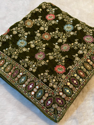 Olive Green Velvet Limited Edition Dupatta With Embroidery 2.40 meter length