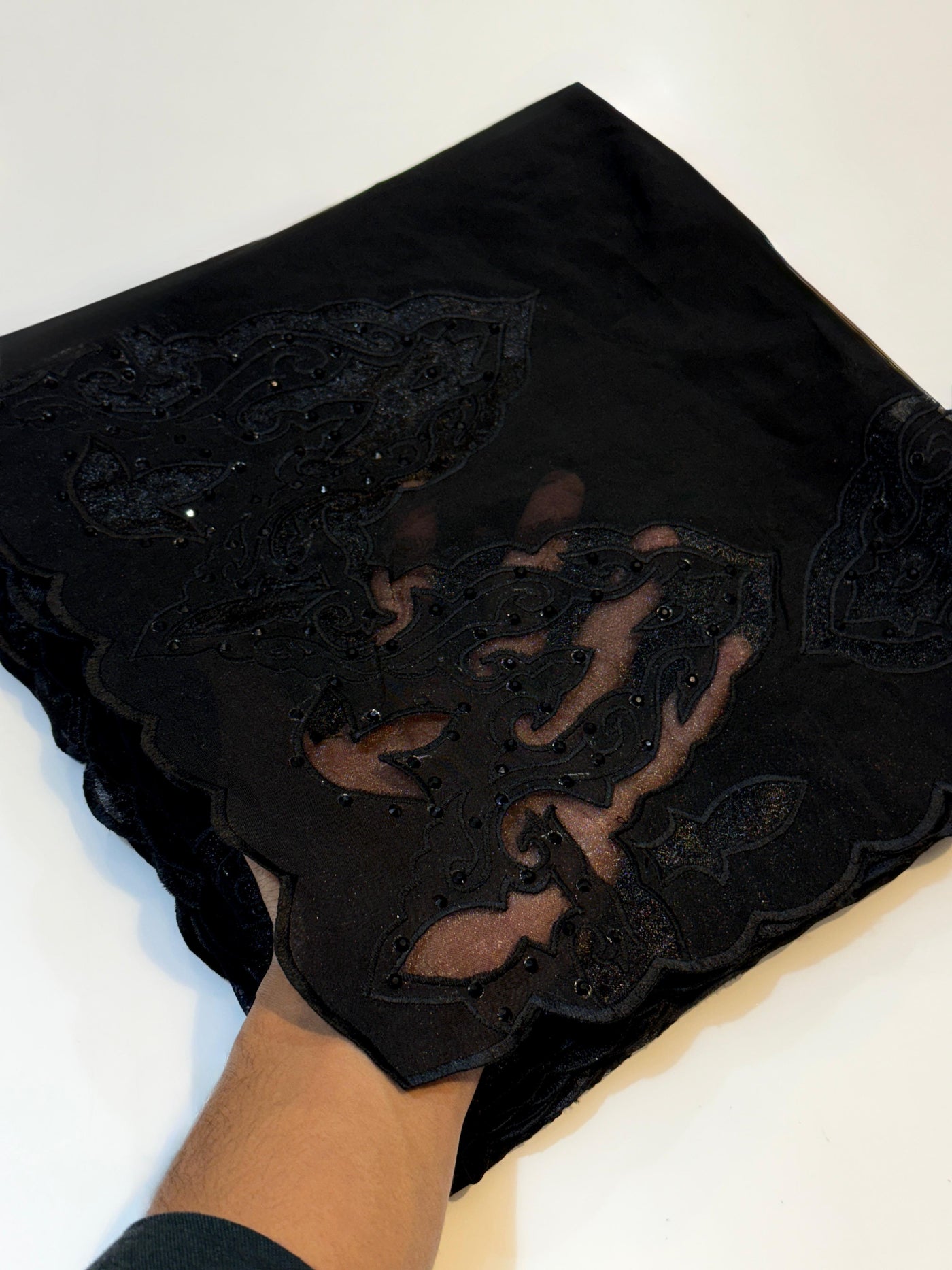 Black Pure Organza Handwork Dupatta with scallop borders 2.50 meter length with stone work