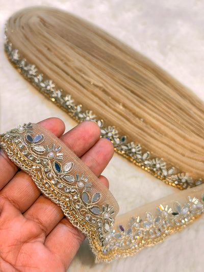 (Wholesale pack of 9 meter ) Lace Border With Cutdana Pearl Stone and Mirror work
