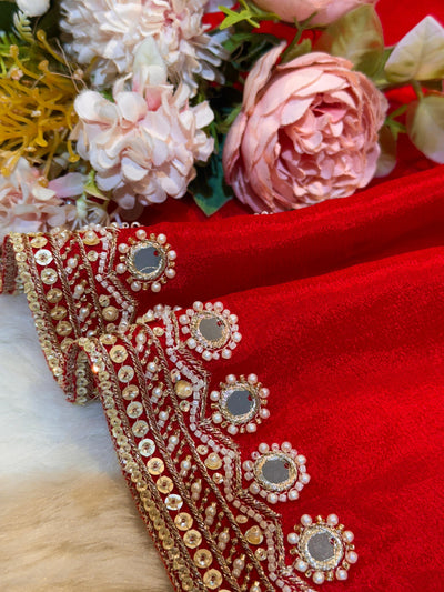Bright Red Pure Chinon Handwork Dupatta with Four Side Mirror Cutdana Work Borders (2.40 meter length )