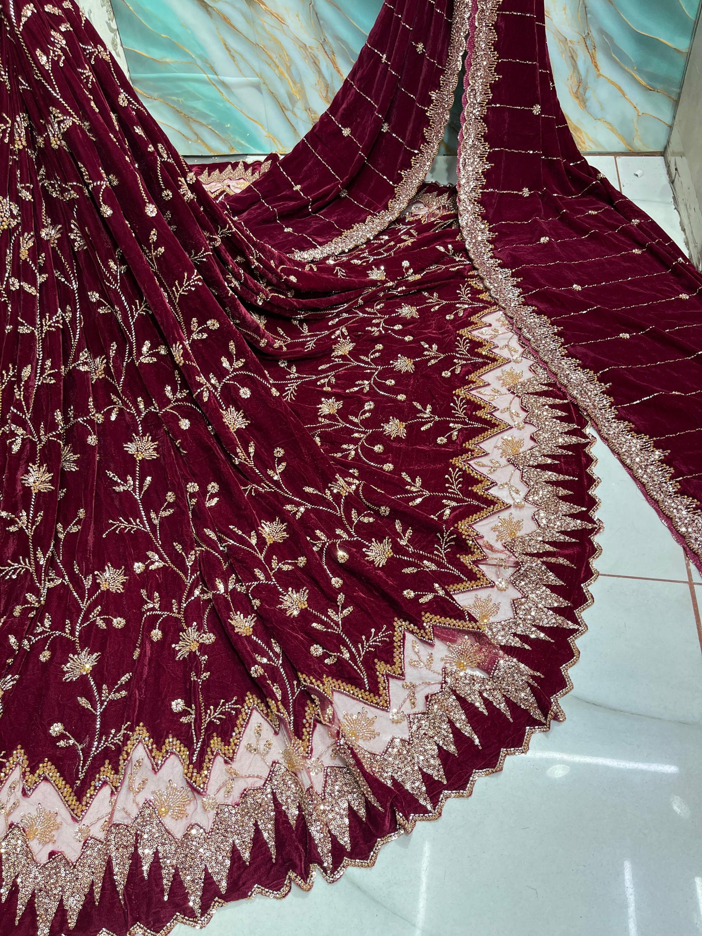 (Mix and Match ) Pure Velvet Handwork Embroidery 54 inch width / velvet  Dupatta With Two side Borders  37 inch width