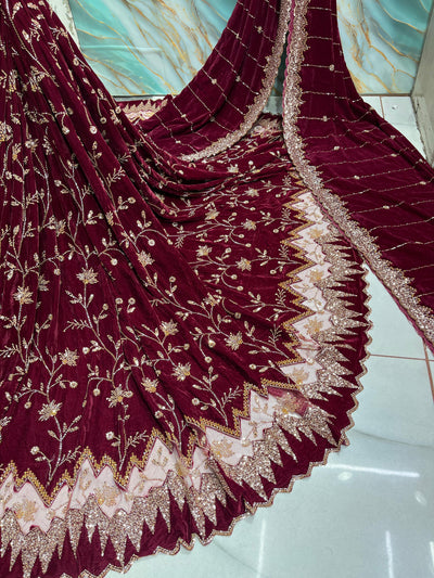 (Mix and Match ) Pure Velvet Handwork Embroidery 54 inch width / velvet  Dupatta With Two side Borders  37 inch width