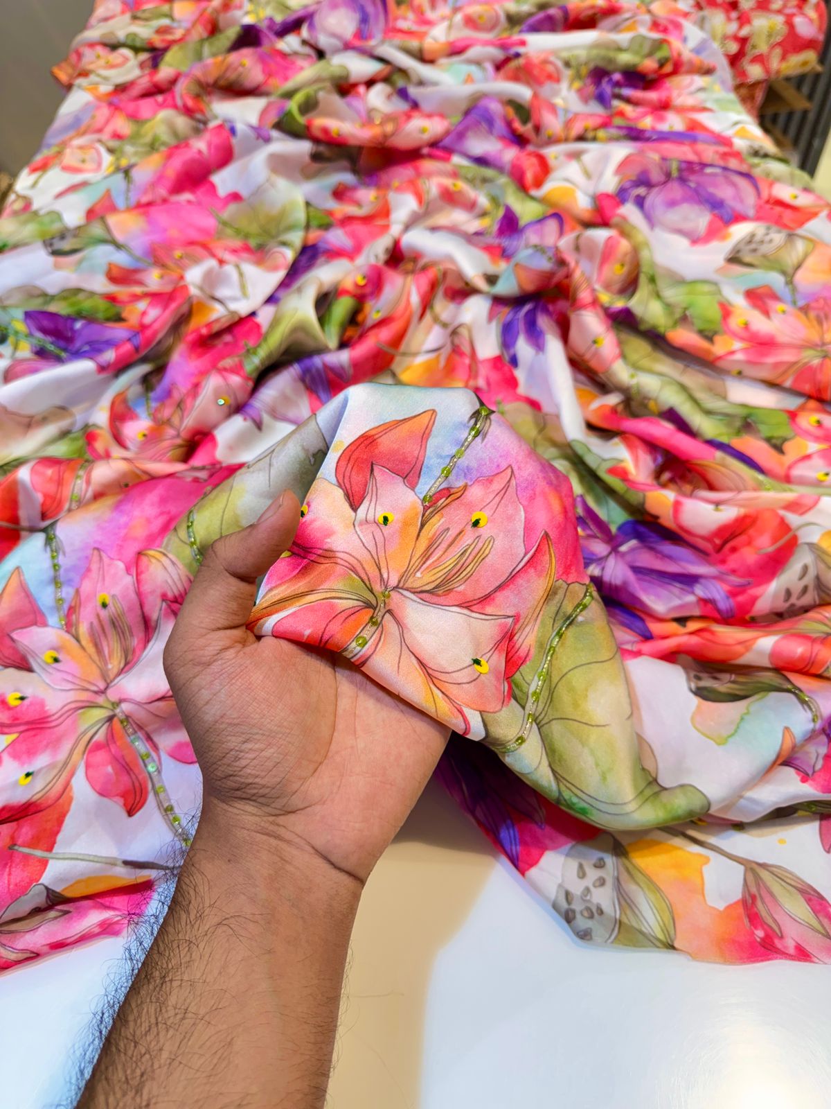 Satin Georgette Floral prints with Handwork 44 Inch width