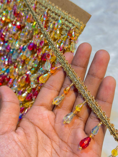 (Wholesale pack of 9 meter ) Luxury Latkan Lace Multi Colour with Crystal work