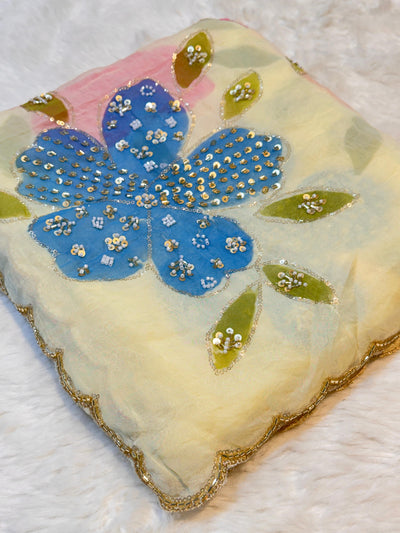 Ayesha Lemon Pure Organza Handwork Dupatta With Floral Work and Four Side Scalloped Borders 2.40 meter length