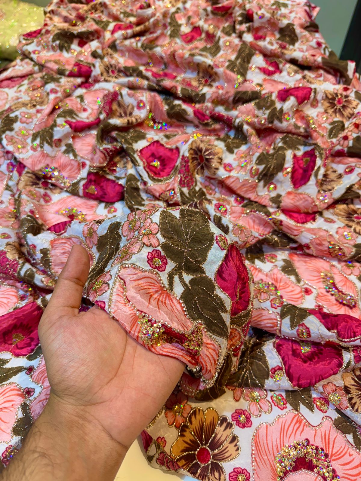 Luxury Crape Floral Print Embroidery With Handwork 44 Inch width