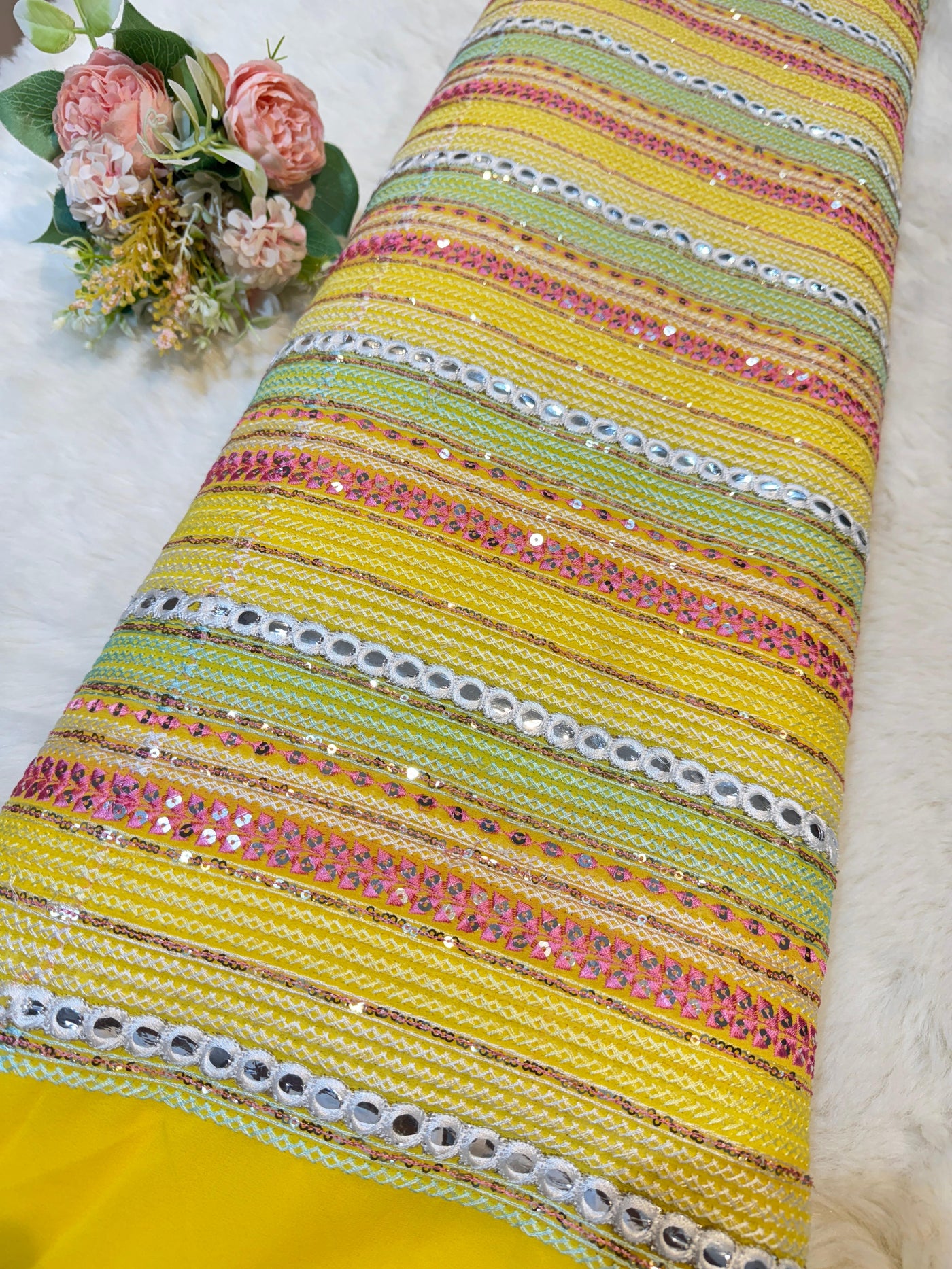 Mustard Georgette Thread And Mirror Stripe Embroidery 44 Inch Width