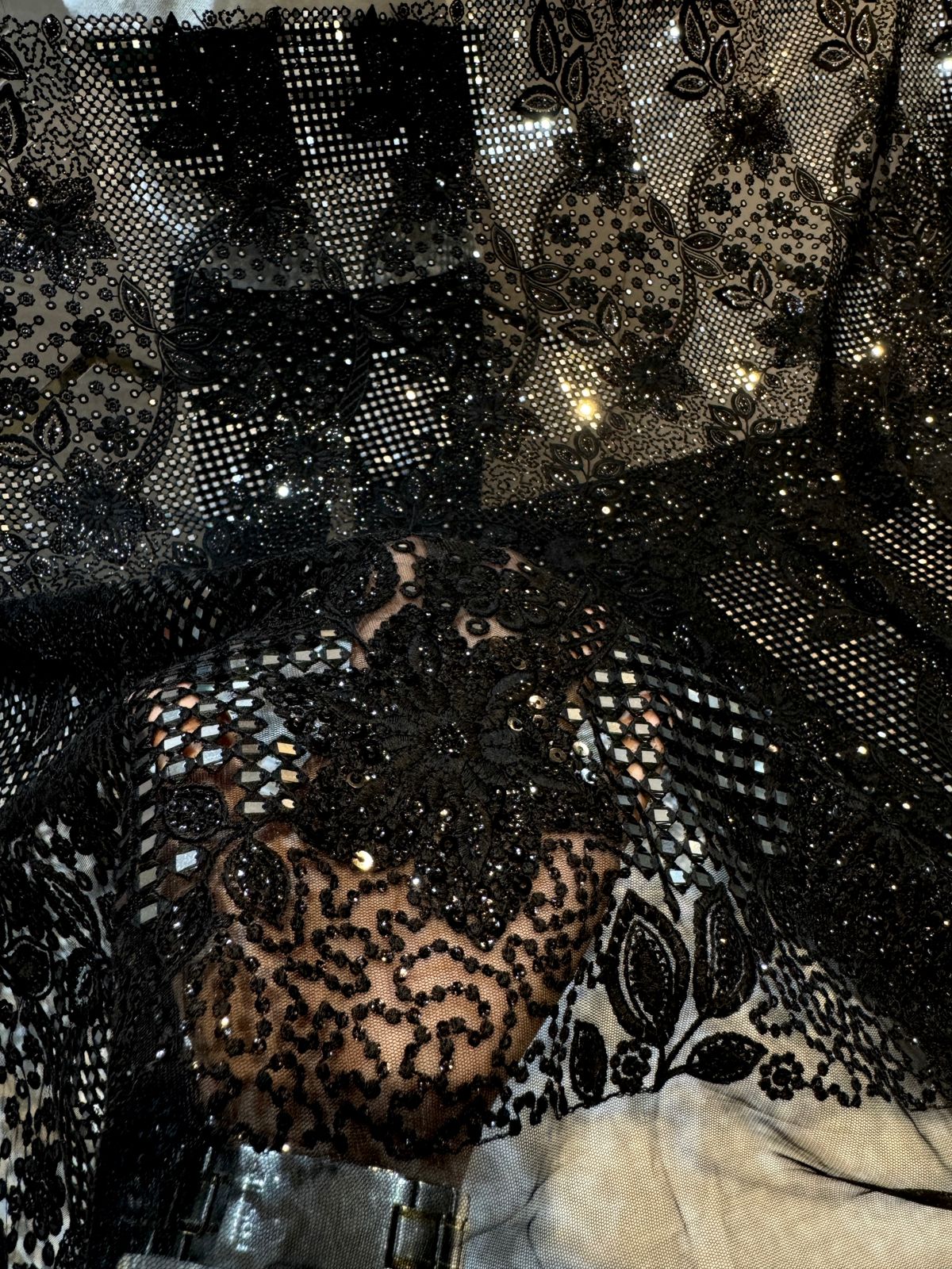 Black Neom Chikankari  Net Embroidery With Mirror work and cutwork 45 inch width