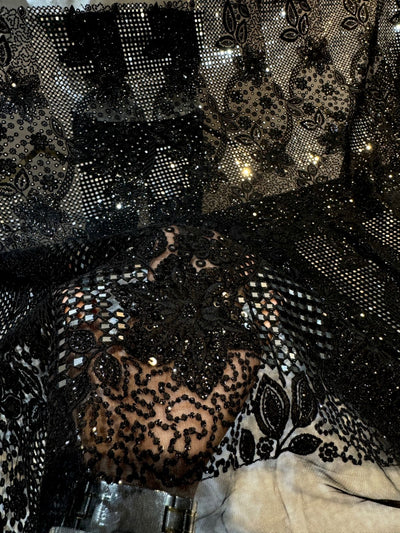 Black Neom Chikankari  Net Embroidery With Mirror work and cutwork 45 inch width