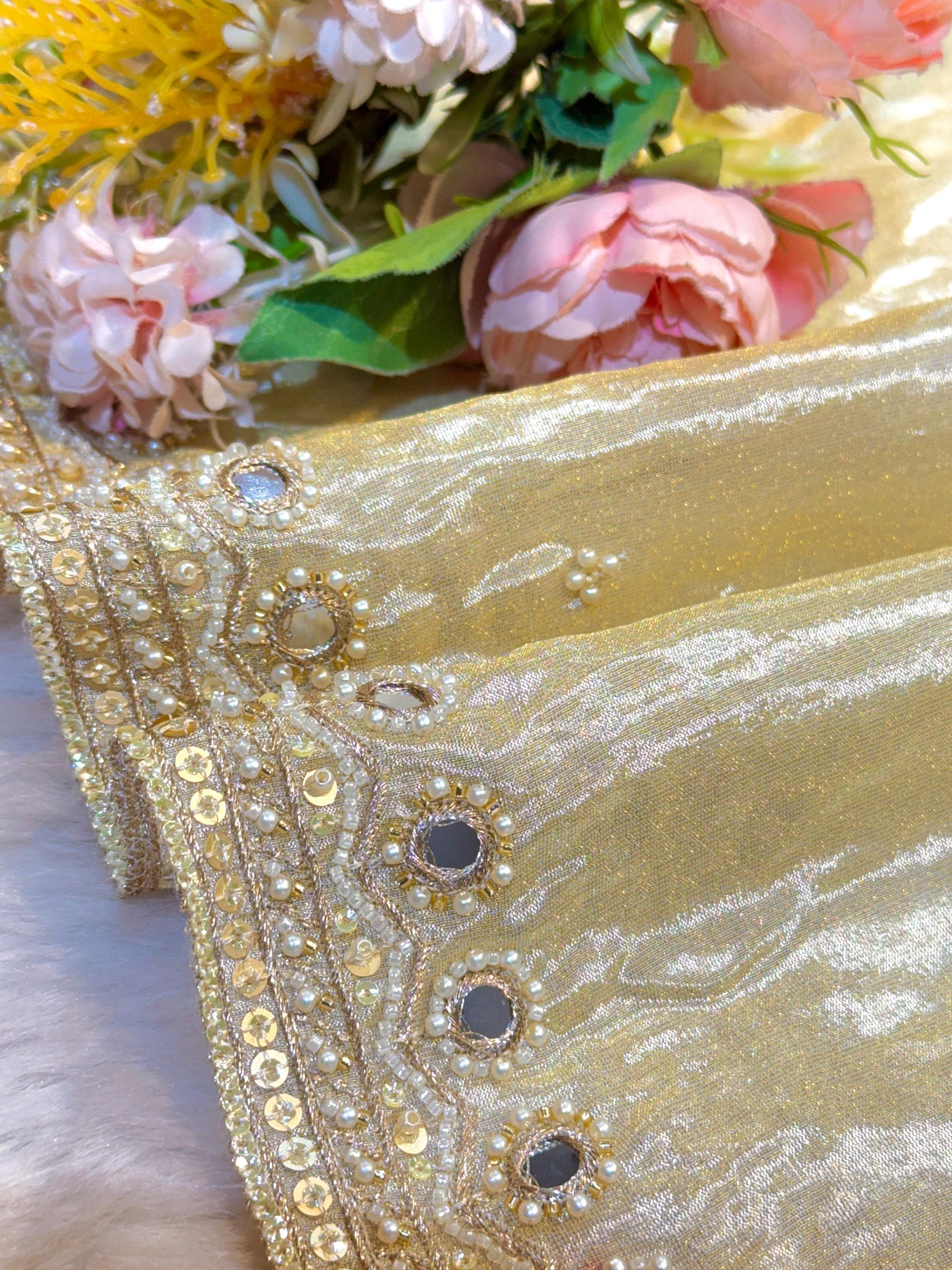Mehz Zari Tissue Handwork Dyeable Dupatta with Four Side Mirror Cutdana Work Borders (2.40 meter length )