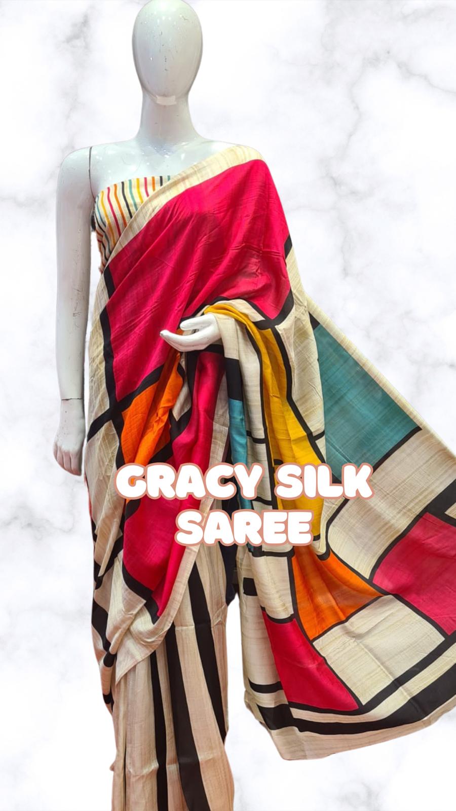 Gracy Semi Tussar Silk Printed Saree With Printed Blouse