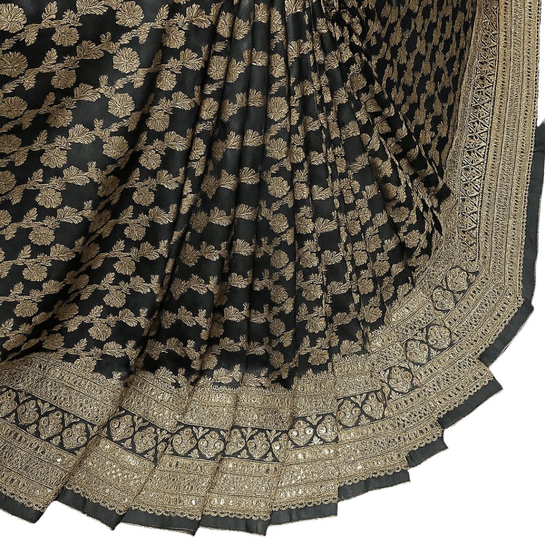 Black Dola Silk Jacquard With Daaman Embroidery 48 inch width