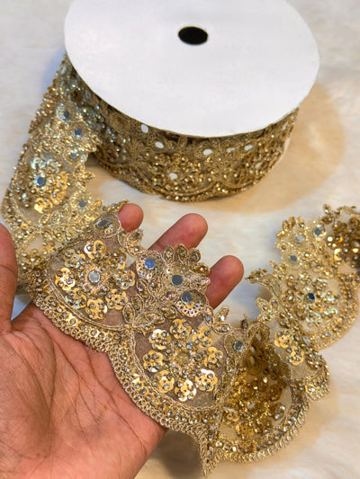 (Wholesale pack of 9 meter ) Lace Border With  Stone Sequins and Mirror work