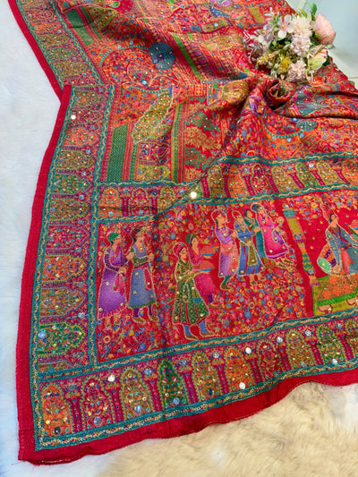 Darbar Red Pure Silk Dupatta with Real Handwork 2.50 meter length
