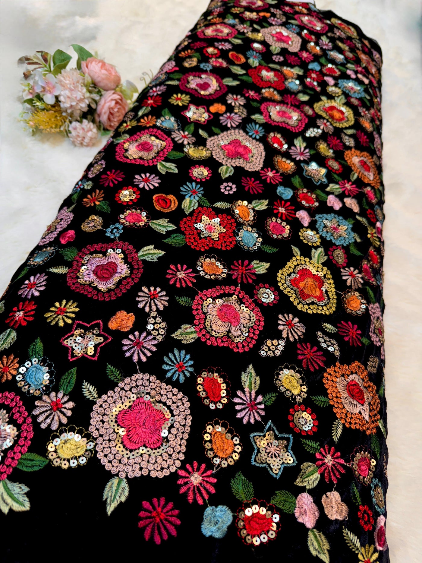 Pure Velvet Floral Thread And Sequins Embroidery  44 Inch Width