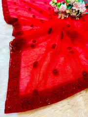 Maisha Hot Red Net Embroidery Dupatta 2.50 meter length with Cutwork Floral Border