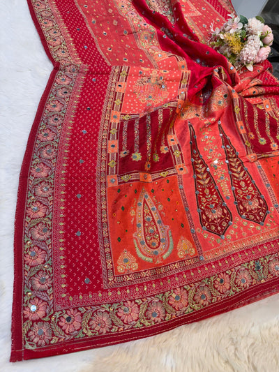 Sajda Red Pure Silk Dupatta With Real Mirror Handwork 2.50 meter length